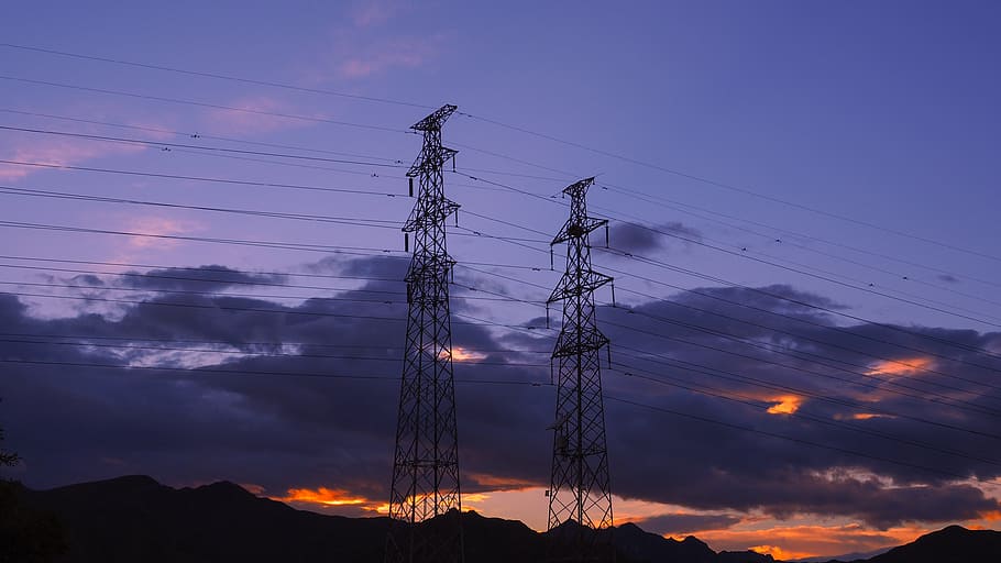 two transmission towers, electrical, wires, grid, power, powerlines HD wallpaper