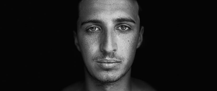 grayscale photo of mans face, man staring at camera, male, portrait HD wallpaper