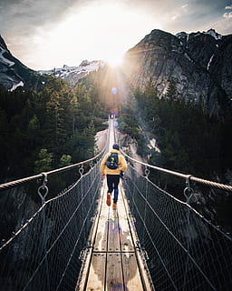 running man on bridge, person running on hanging bridge, adventure HD wallpaper