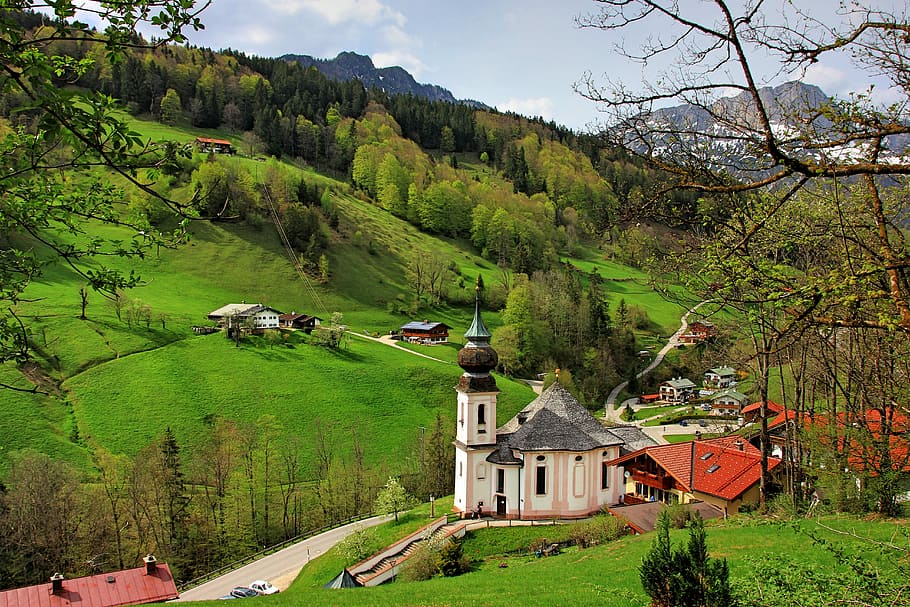 chapel near houses away from trees, nature, grass, landscape HD wallpaper
