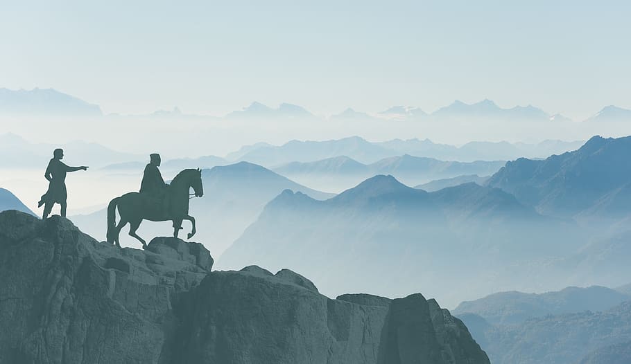 silhouette of horseman on mountain, panorama, middle ages, campaign