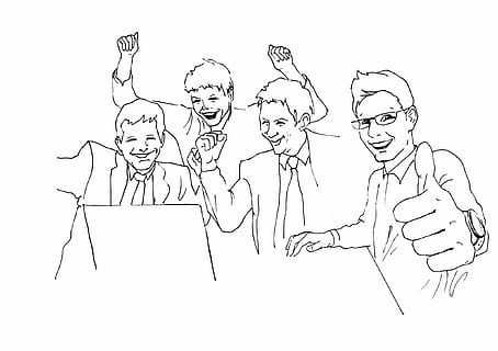 four men line illustration, accountant, programmer, guys, joy HD wallpaper
