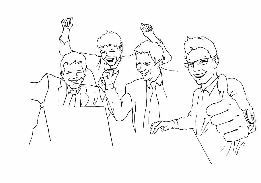 four men line illustration, accountant, programmer, guys, joy HD wallpaper