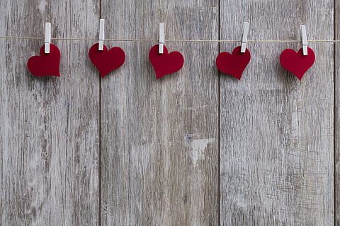 HD wallpaper: two red heart on string near grey wooden board, rope