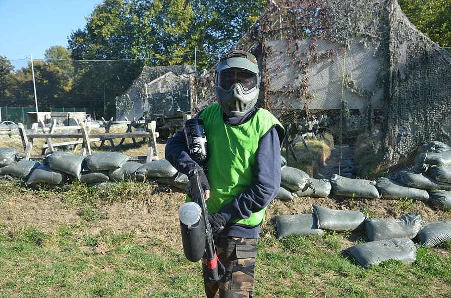 game, paintball, boys, real people, one person, tree, front view HD wallpaper