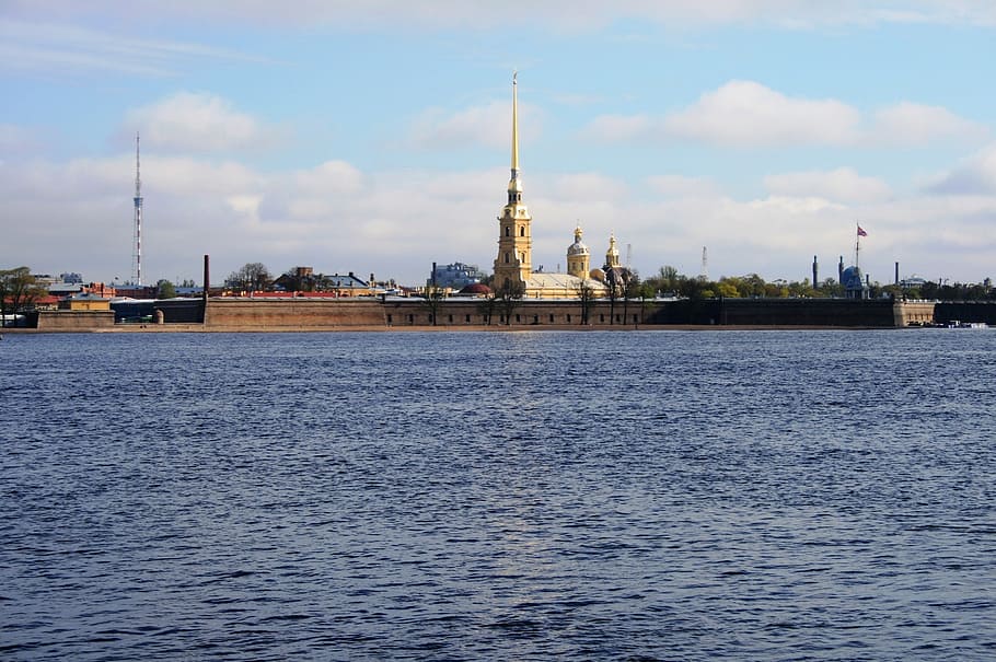 river, neva, water, blue, island, fortress, cathedral, spire HD wallpaper