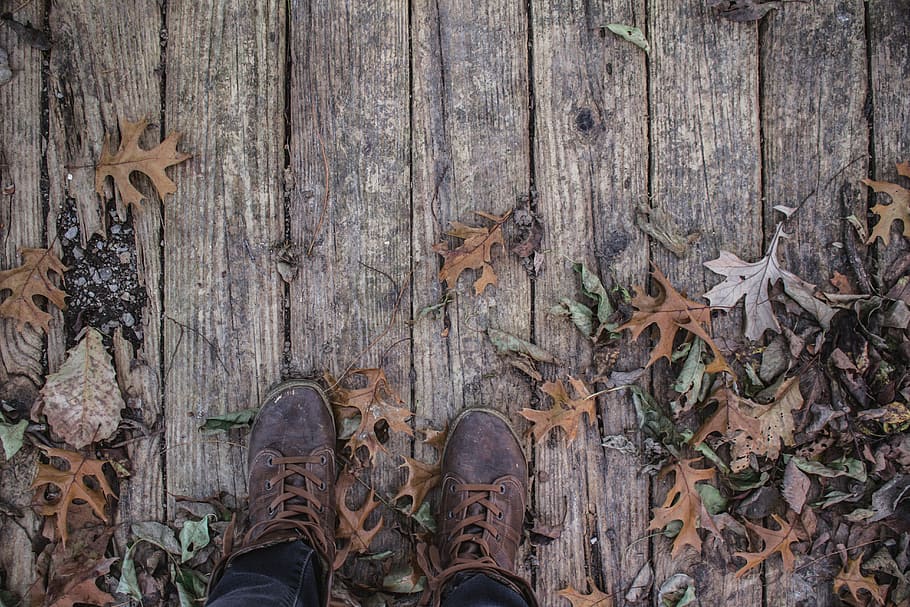 person wearing pair of brown leather shoes, person wearing pair of brown work boots HD wallpaper