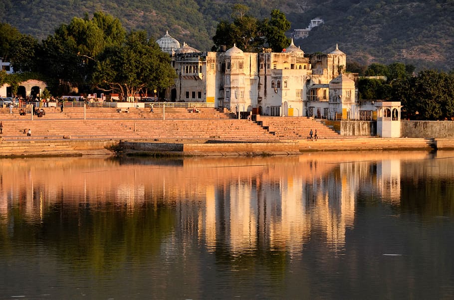 Pushkar, India, Lake, Historical, building, architecture, reflection HD wallpaper