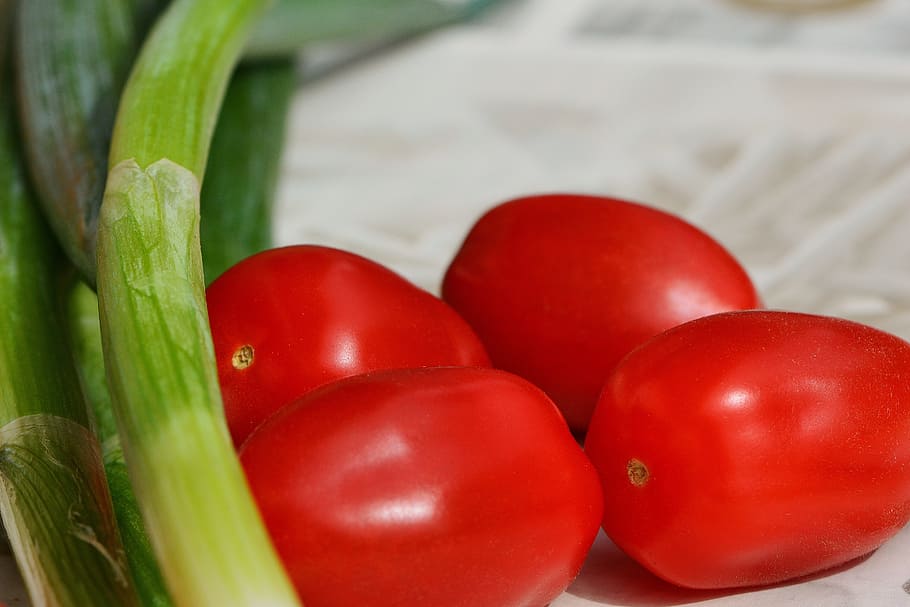 tomatoes, spring onions, vegetables, healthy, vitamins, frisch HD wallpaper