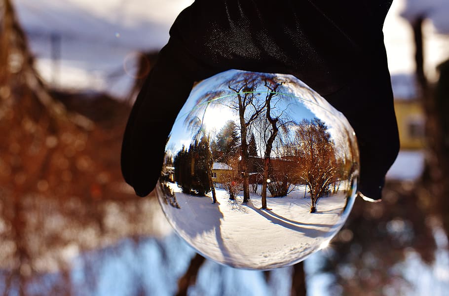 Winter, Snow, Garden, Wintry, Glass, Ball, glass ball, reflection HD wallpaper