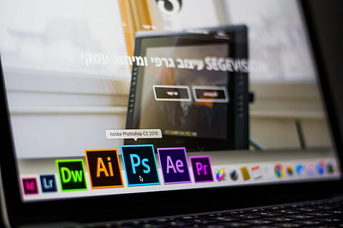 Turned on Laptop on Desktop With Hovered Adobe Photoshop Cc Application HD wallpaper