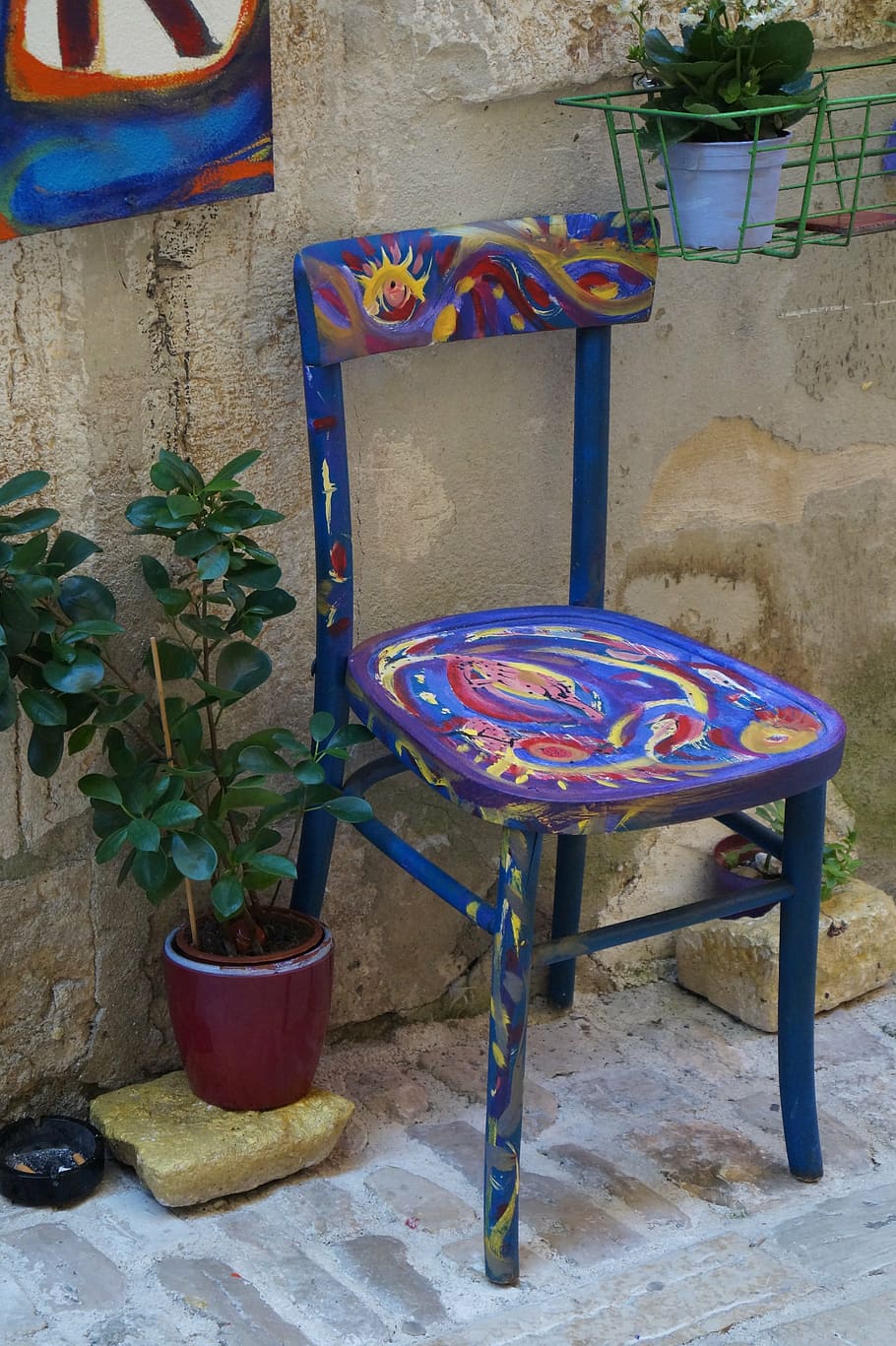 chair, painted chair, rustic, decor, artisan, plant, potted plant HD wallpaper