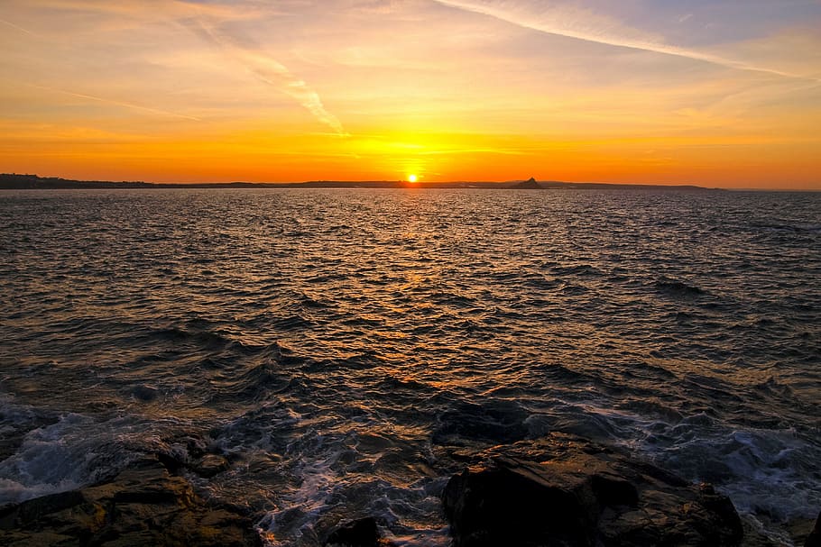 landscape, sunrise, sea, cornwall, sunset, nature, dusk, orange Color HD wallpaper