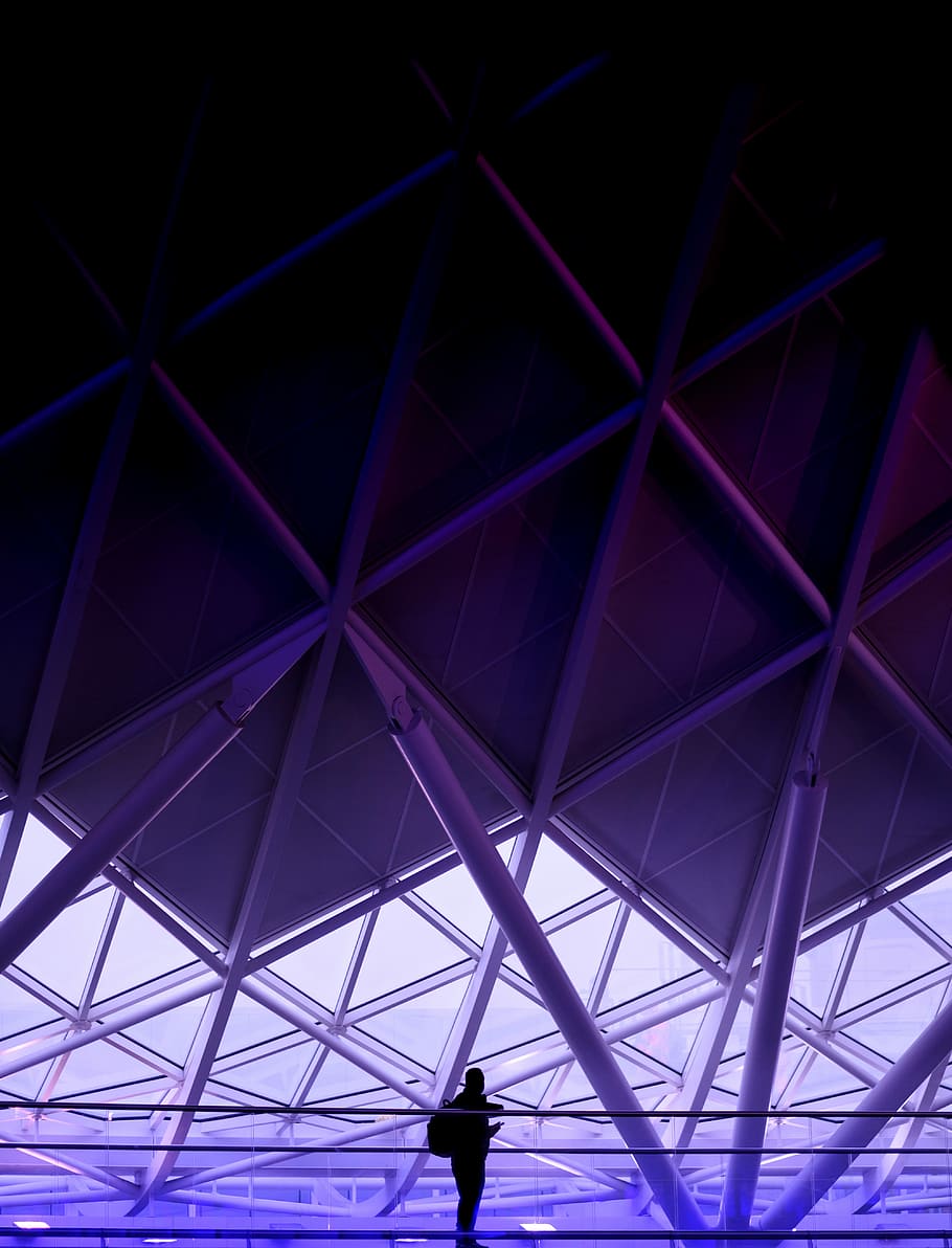 Purple architecture, person standing on building silhouette, pattern HD wallpaper