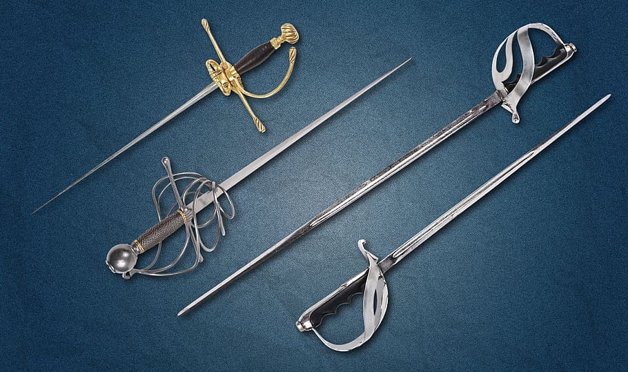 four assorted long swords, weapons, hilt, blade, steel arms, garda