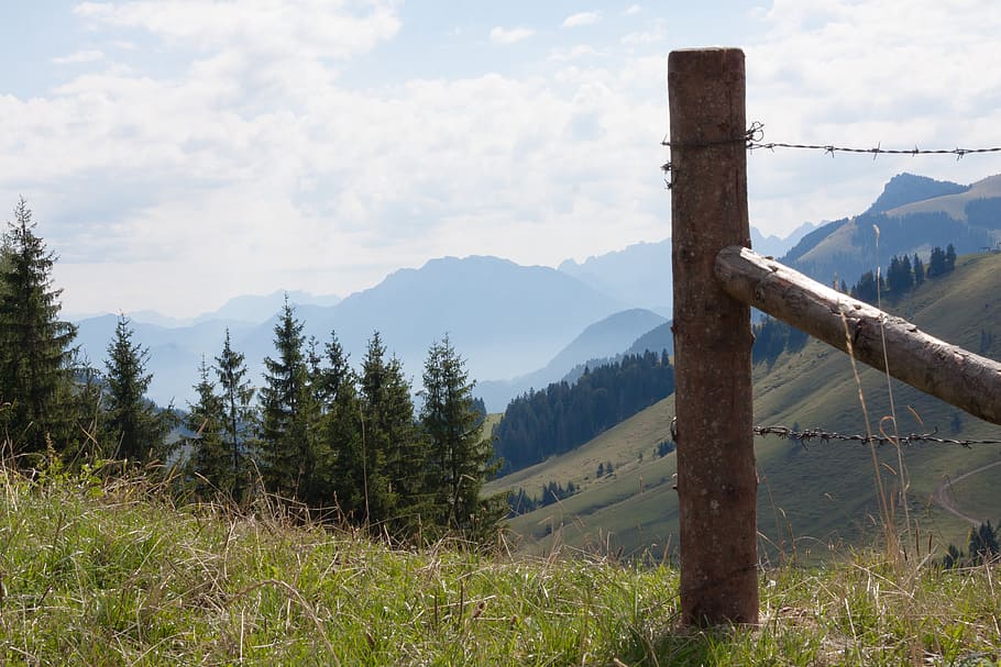 mountains, alpine, upper bavaria, stempen, fence, barbed wire HD wallpaper