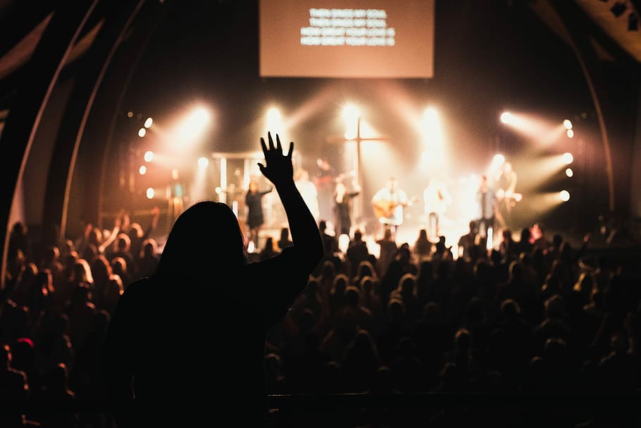 people inside building with band and spotlights, group of people near stage HD wallpaper