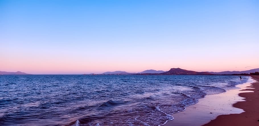 brown sand beach, sea, ocean, water, waves, panorama, scenic HD wallpaper
