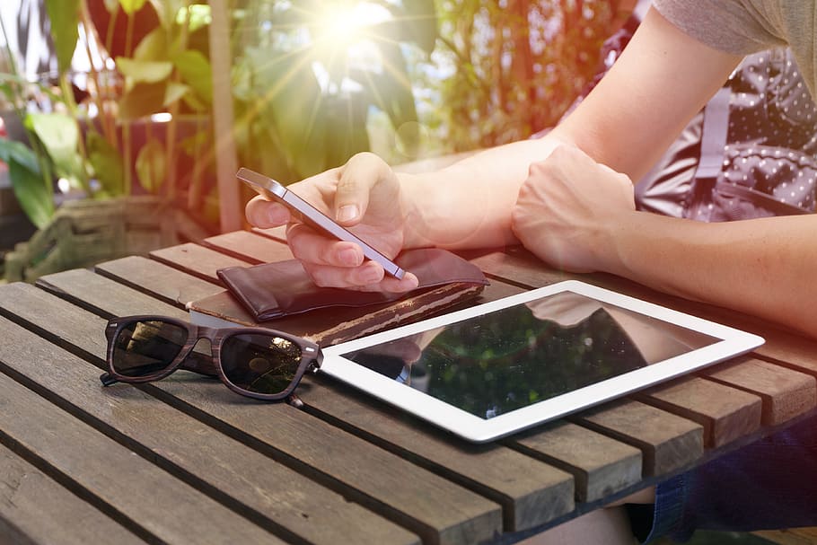 sunglasses, hands, smartphone, table, arms, ipad, leaves, plants HD wallpaper