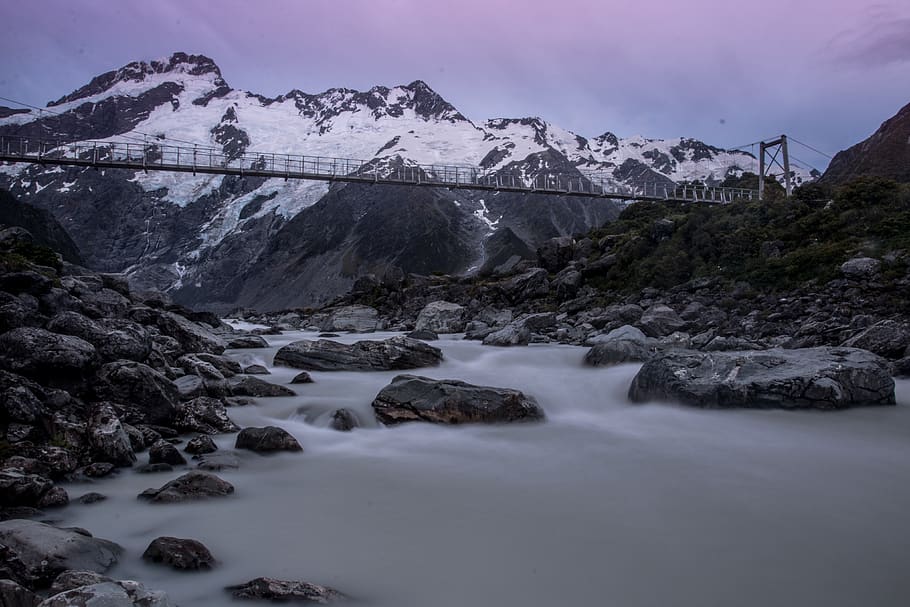 mountain, valley, landscape, nature, sky, clouds, bridge, structure HD wallpaper