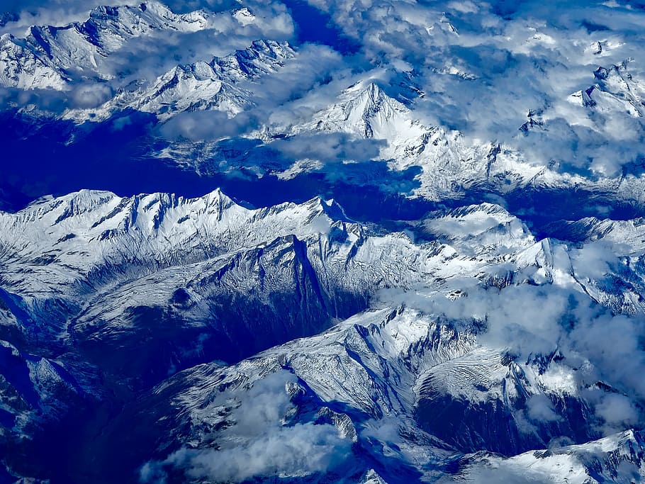 russia, mountains, aerial view, flight, perspective, snow, ice HD wallpaper