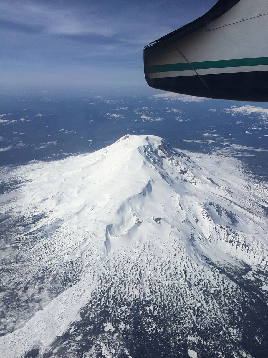 snow, mountain, airplane, scenic, mt hood, sky, flying, nature