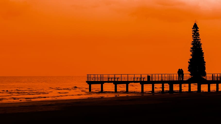 Pier, Quay, Beach, Sunset, christmas tree, season, orange, shadows HD wallpaper