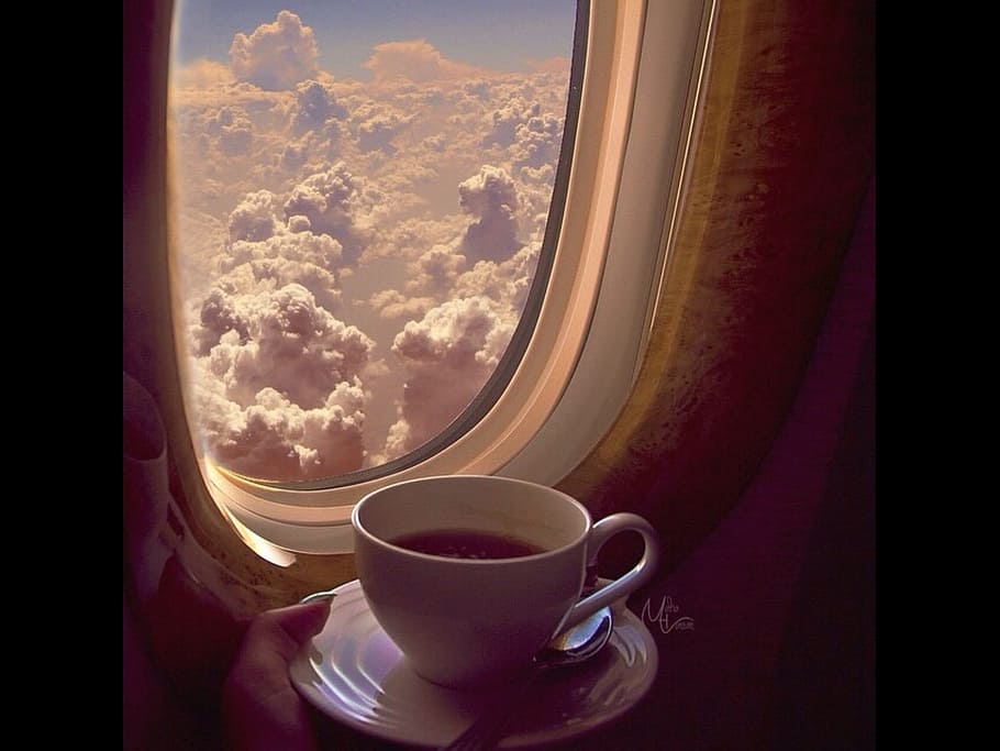 white ceramic mug beside airlplane window, coffee, sky, cup HD wallpaper