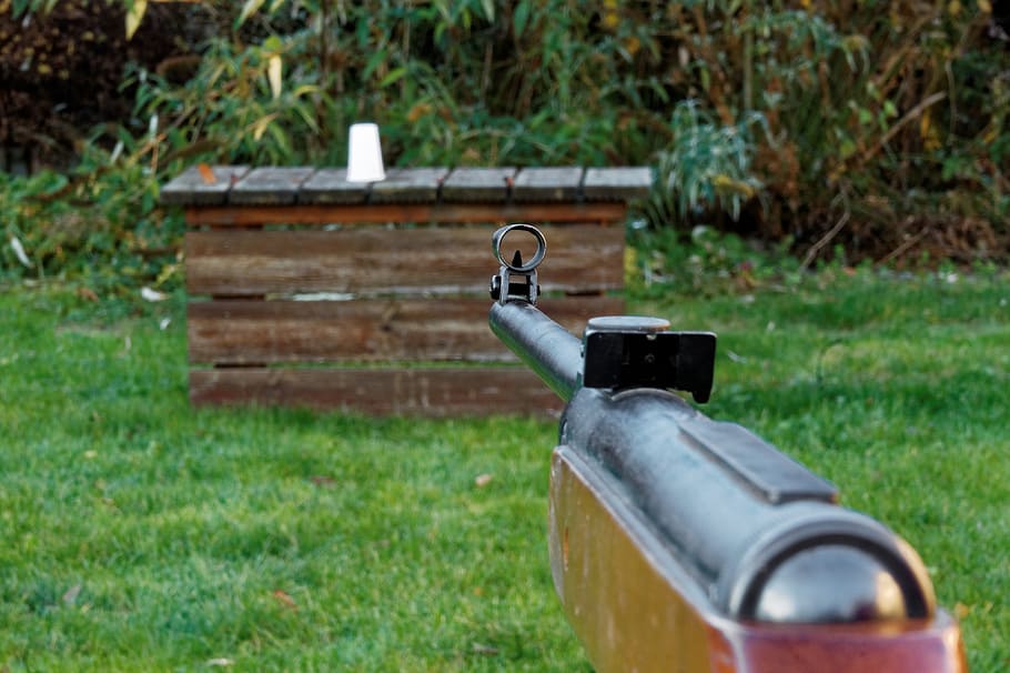 selective focus photo of rifle pointing on cup, weapon, shoot HD wallpaper