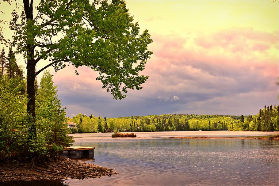 Landscape, Lake, Nature, Trees, Water, colors, québec, canada HD wallpaper