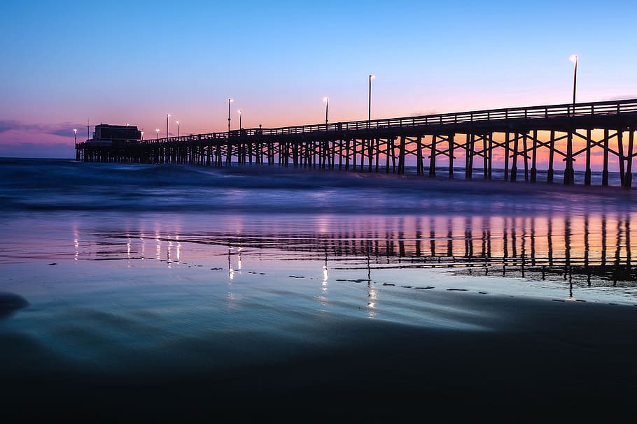 sea, ocean, water, wave, nature, pier, blue, sky, lights, architecture HD wallpaper