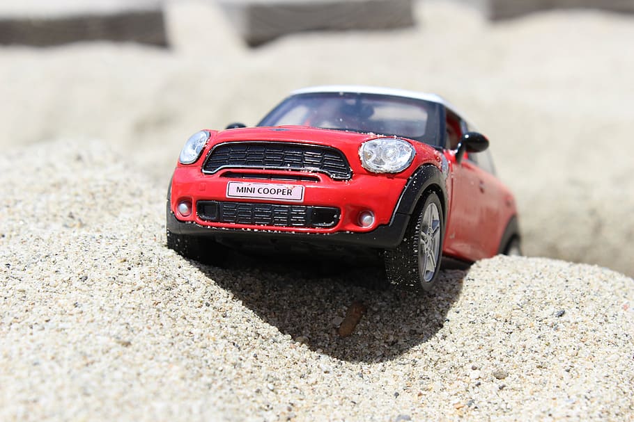 red Mini Cooper scale model selective focal photo, toy, car, beach, HD wallpaper