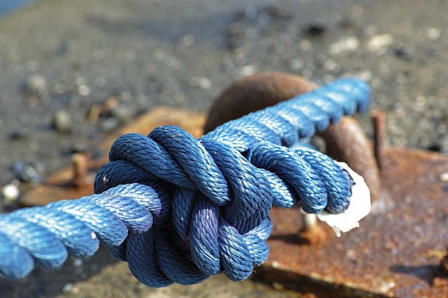 braided blue rope ties on brown metal bracket, connect, old HD wallpaper
