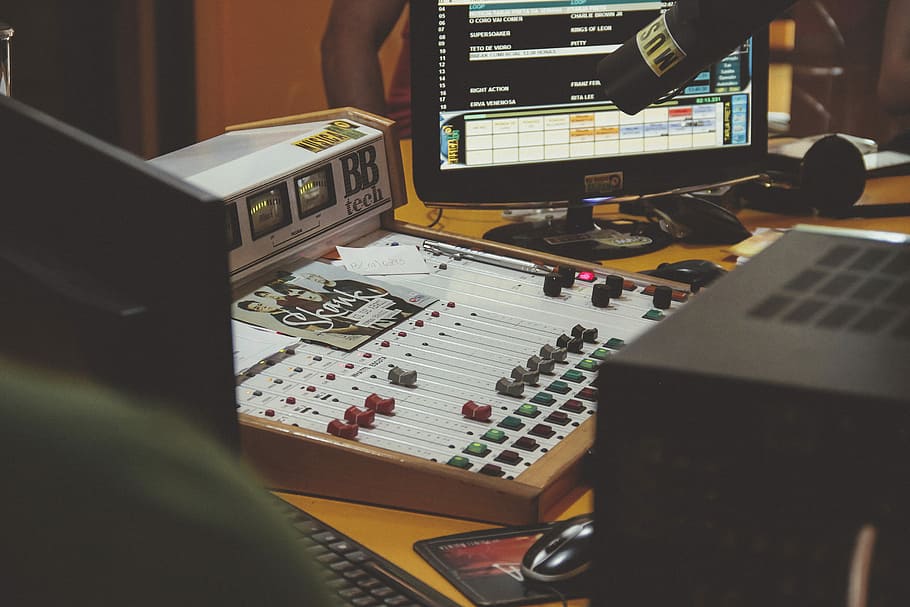 white audio mixer beside black flat screen computer monitor, white and brown audio equalizer beside black flat screen monitor, HD wallpaper