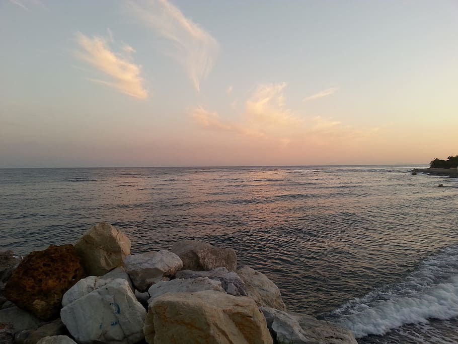 sea, rocks, banks, beach, landscape, sky, water, sunset, scenics - nature HD wallpaper