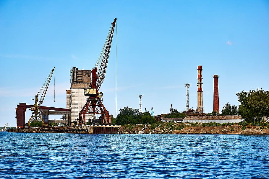 riga, latvia, daugava, river, water, crane, industry, old, go to waste HD wallpaper