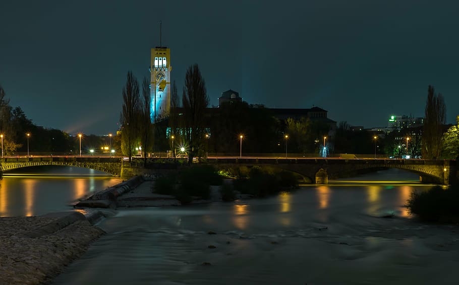 grey concrete tower near trees at night, german museum, bridge HD wallpaper
