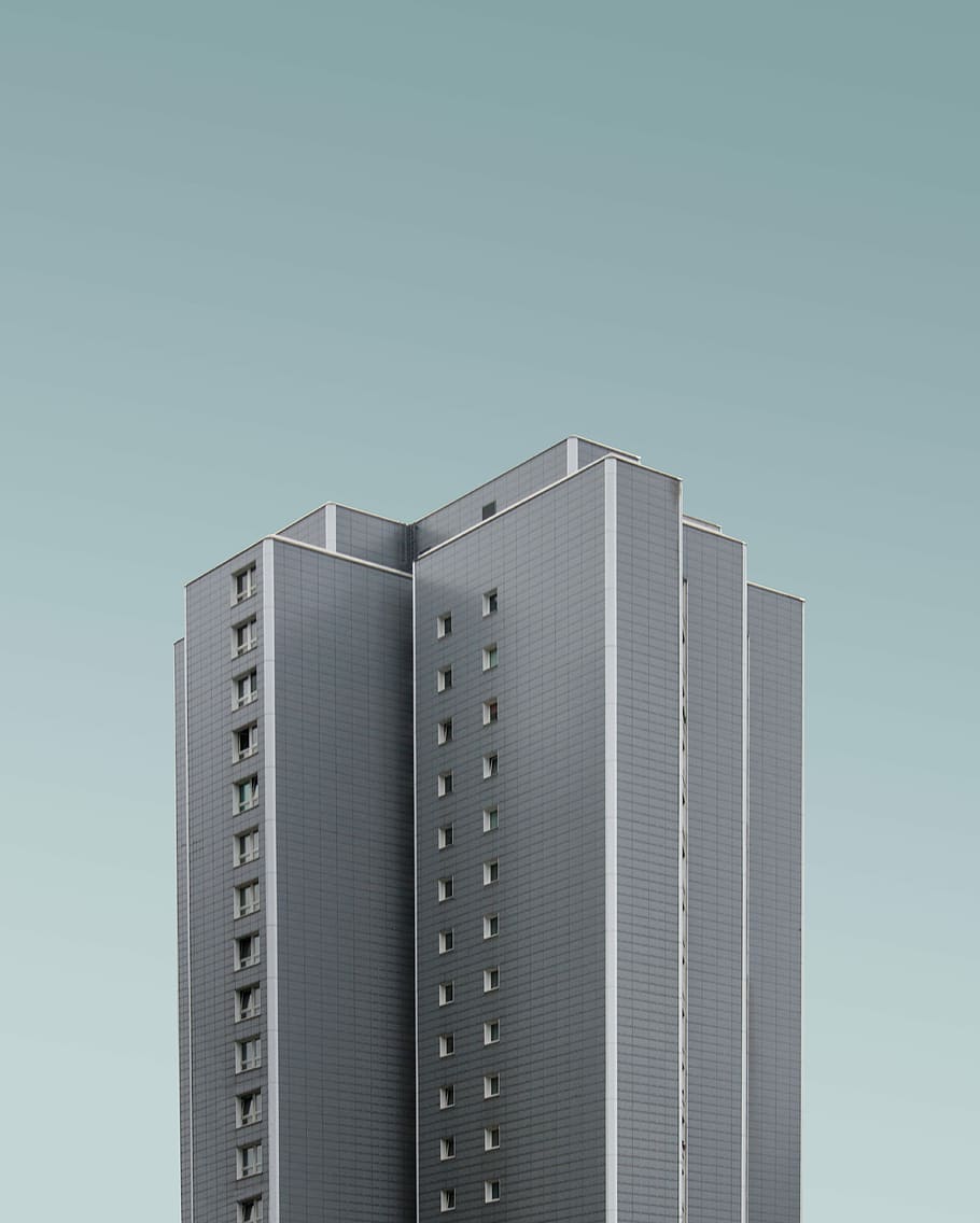 low-angle photography of gray concrete building, gray high-rise building HD wallpaper