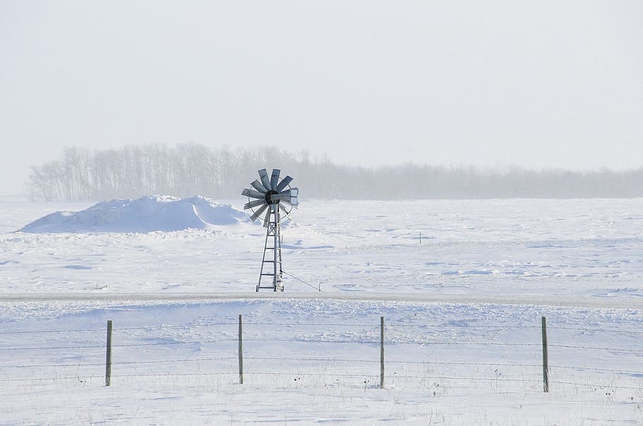 windmill, winter, landscape, countryside, snow, turbine, agriculture HD wallpaper