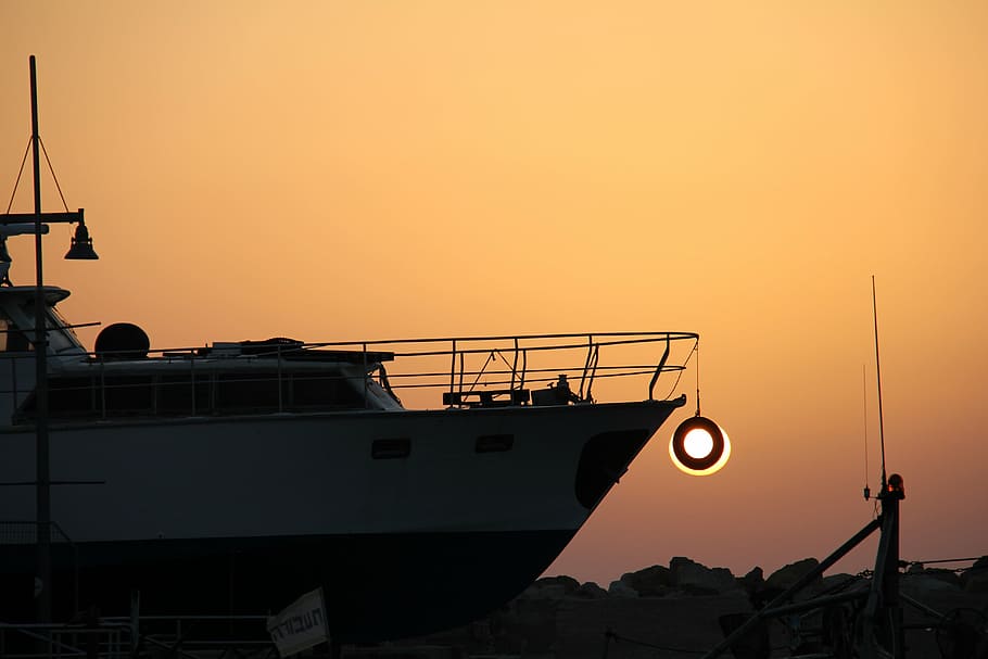ship, tyre, evening, sunset, transportation, harbor, water HD wallpaper