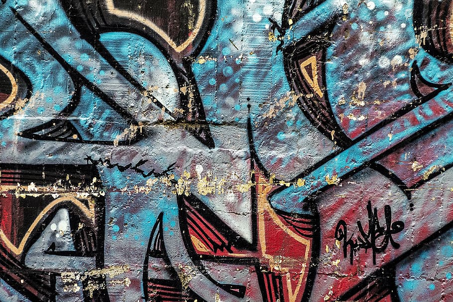 blue and red graffiti wall decor, background, abstract, grunge