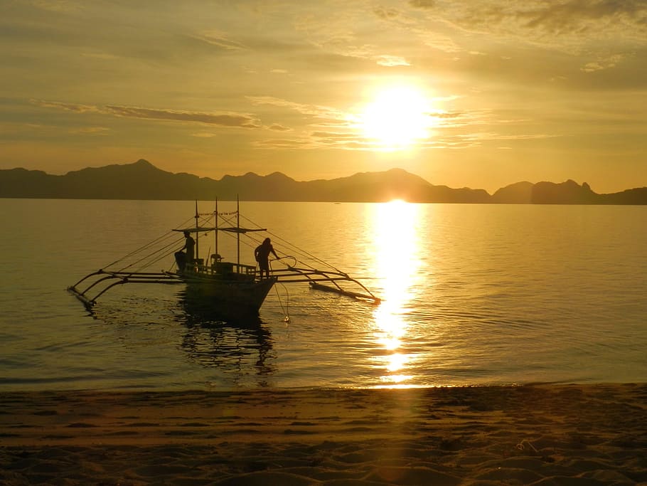 sunset, sunrise, philippines, island, boat, sea, beach, wave
