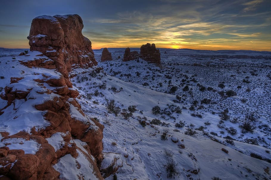 photo of snow covered terrain, sunset, landscape, rock, stone HD wallpaper