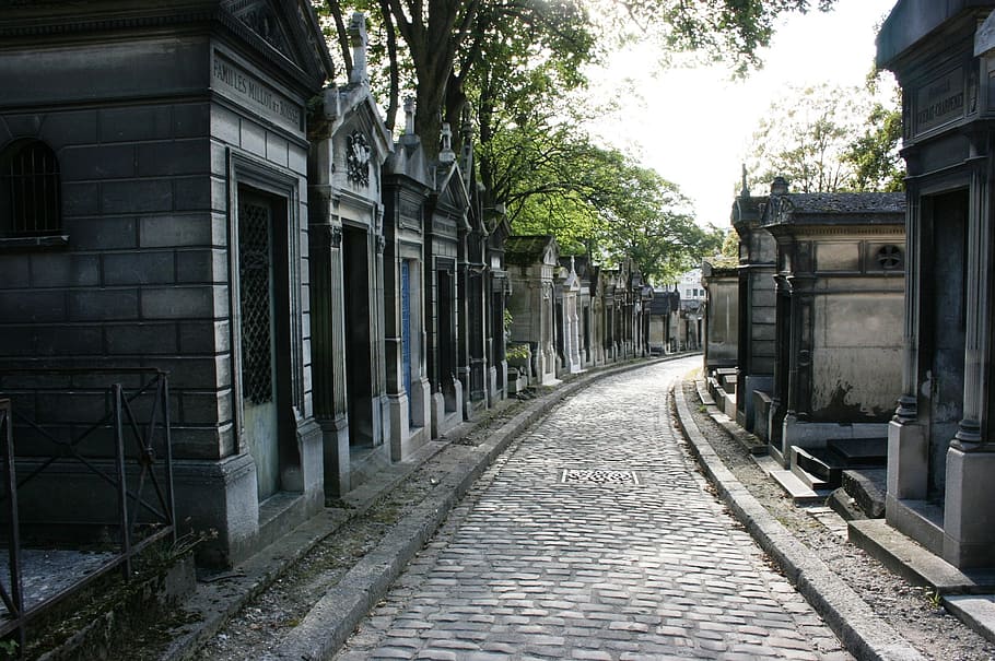 photo of cementery pathway, cemetery, tombs, pere lachaise, paris