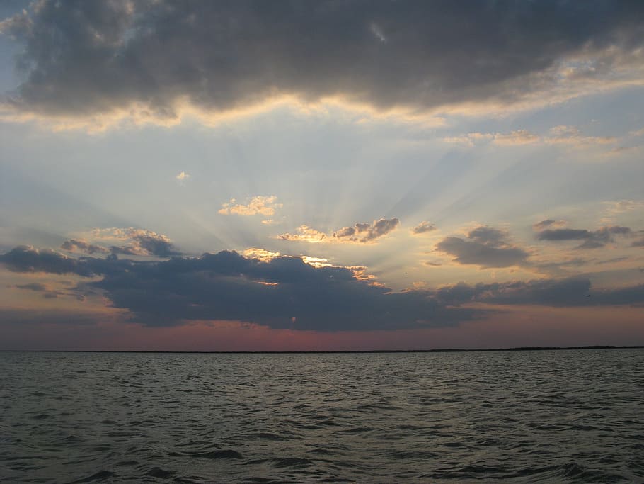 ocean, sunrise, sunset, sky, blue, clouds, cloudy, water, sea HD wallpaper