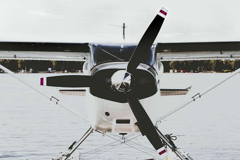 white and black propeller plane, white and black biplane park on body of water HD wallpaper