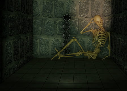 skeleton laying inside cell illustration, dungeon, chains, chained HD wallpaper