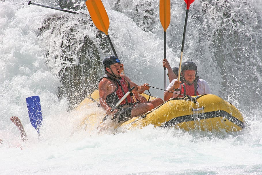 four men on inflatable boat, rafting, una river, bosnia, sport, HD wallpaper