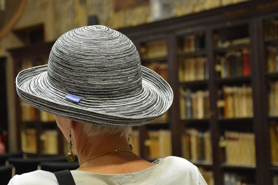 woman wearing gray hat, library, back, bologna, italy, women HD wallpaper