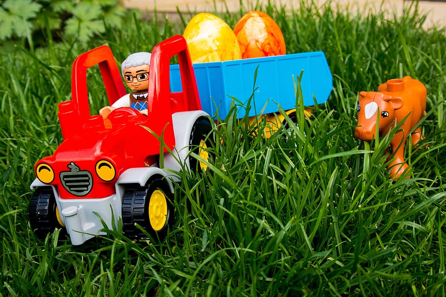 easter egg, lego, duplo, tractor, harvest, happy easter, colorful, HD wallpaper